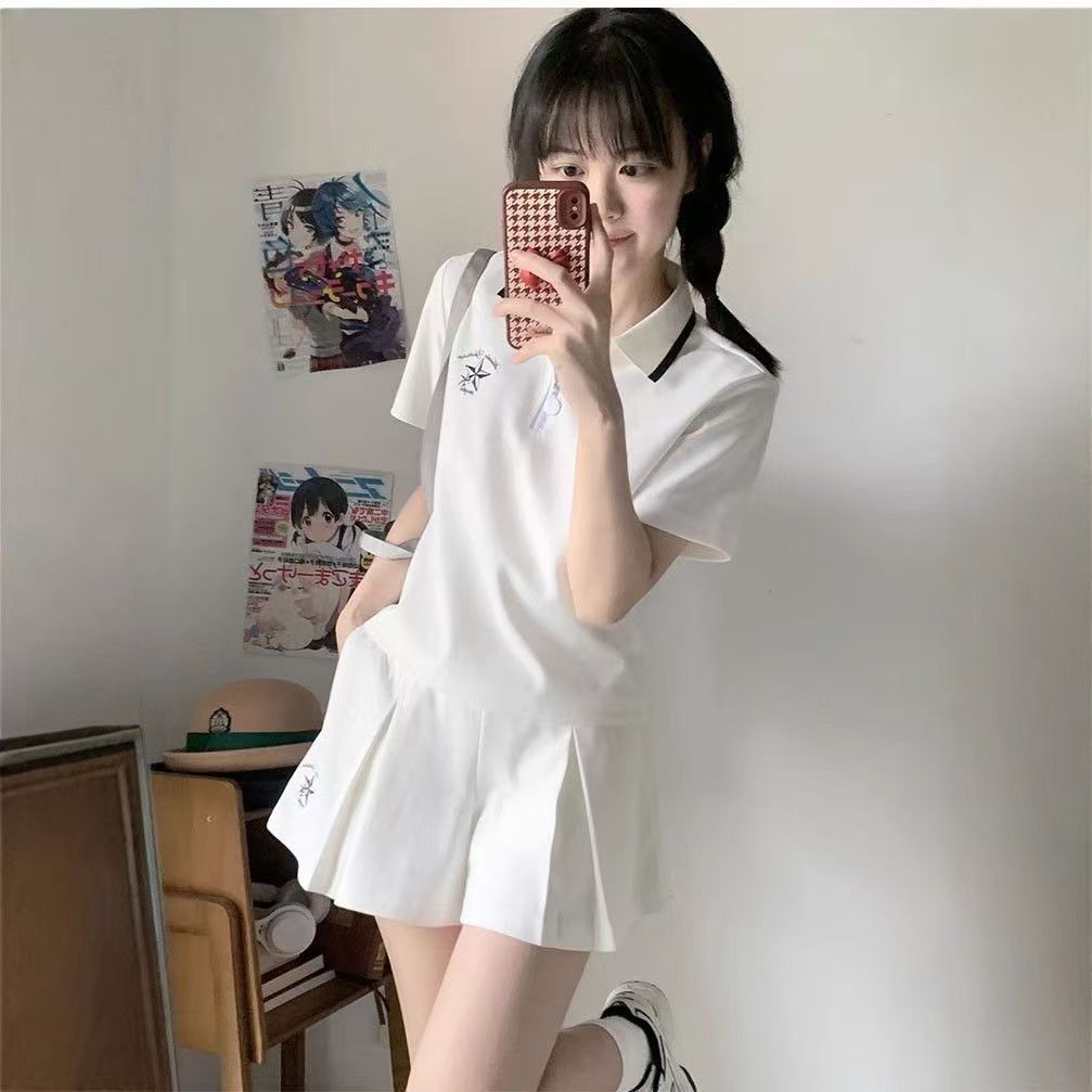 JK制服千折星百褶安全裤裙短袖T恤POLO衫休闲体考运动裤裙套装女