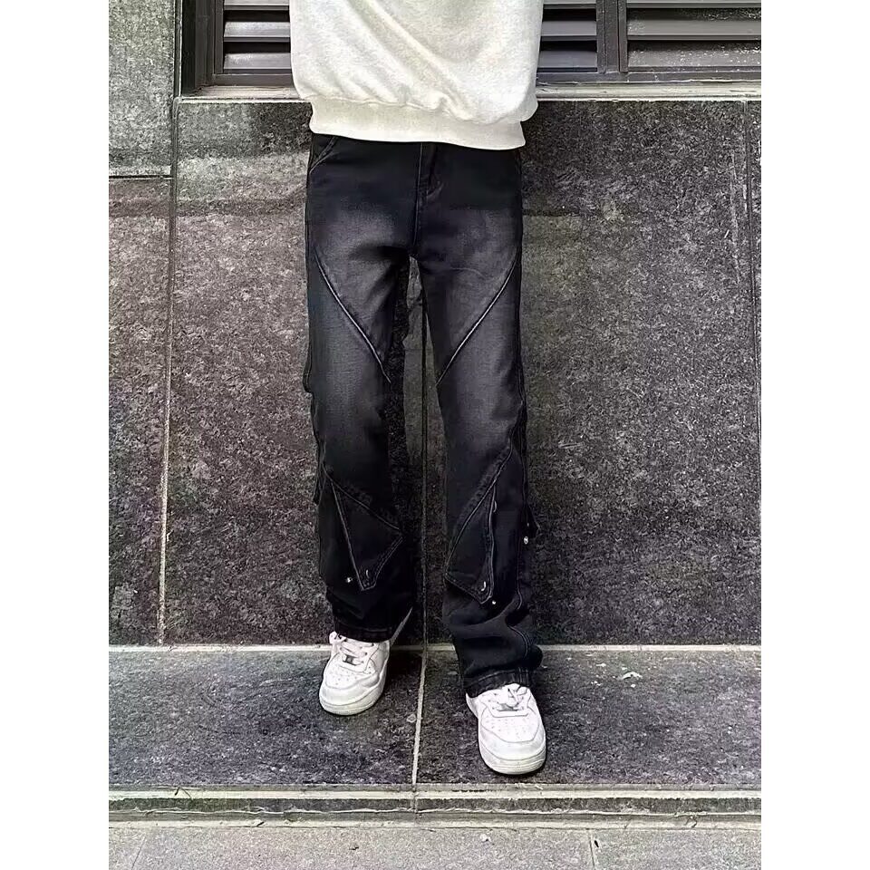 复古拼接美式工装牛仔裤男黑色款美式hiphop裤子高街显瘦微喇叭裤