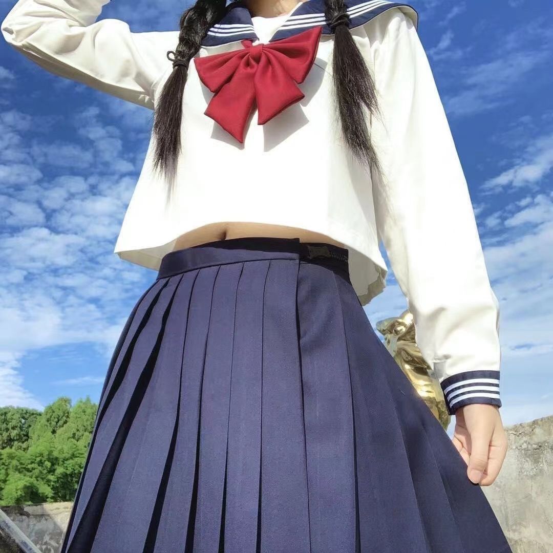 正统JK制服基础款水手服关西襟绀色领结白三本中间服套装学院风