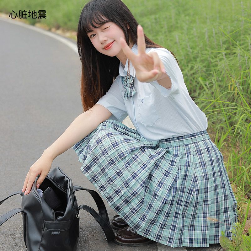 次日夏 jk制服格裙套装女春夏显白百褶裙漫画感薄荷绿色半身短裙