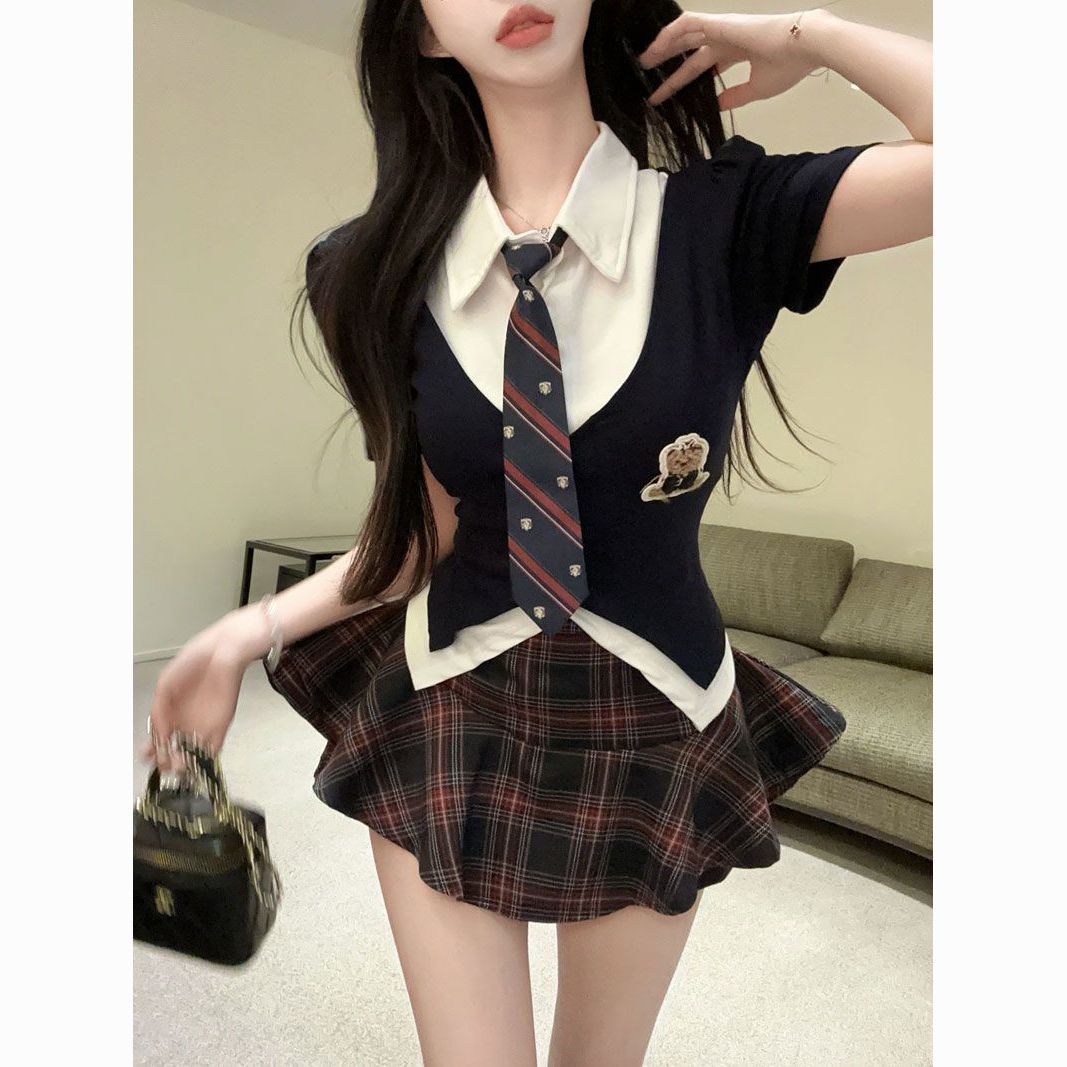 jk学院风套装女夏季新款制服假两件短袖上衣显瘦高腰裙裤两件套