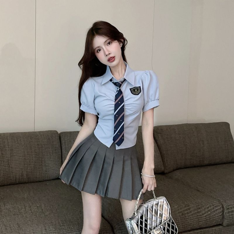 学院风小个子减龄短袖领带衬衫纯欲高腰百搭百褶裙百搭jk套装女装