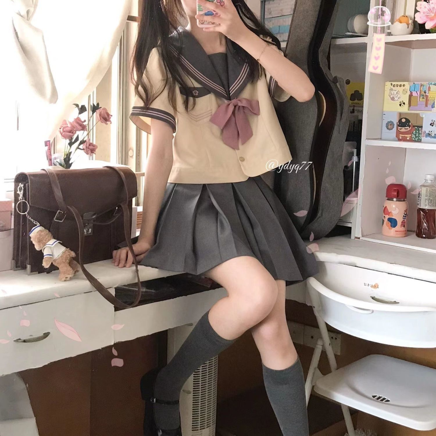 胖MM大码夏季日系JK女学生宽松领结海军领短袖水手服+ins半身裙