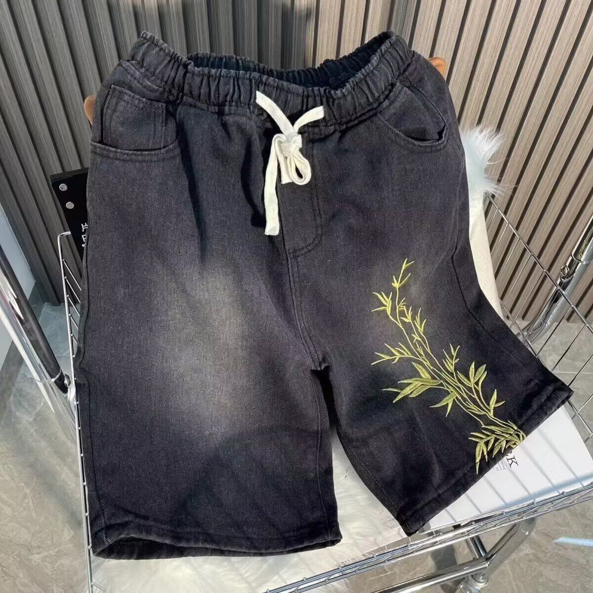 新中式刺绣牛仔短裤男夏季薄款宽松五分裤国潮美式潮牌阔腿中裤子