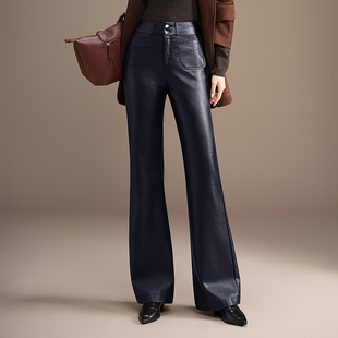 皮裤女秋冬微喇长裤2025新款高腰显瘦外穿休闲大码九分阔腿喇叭裤