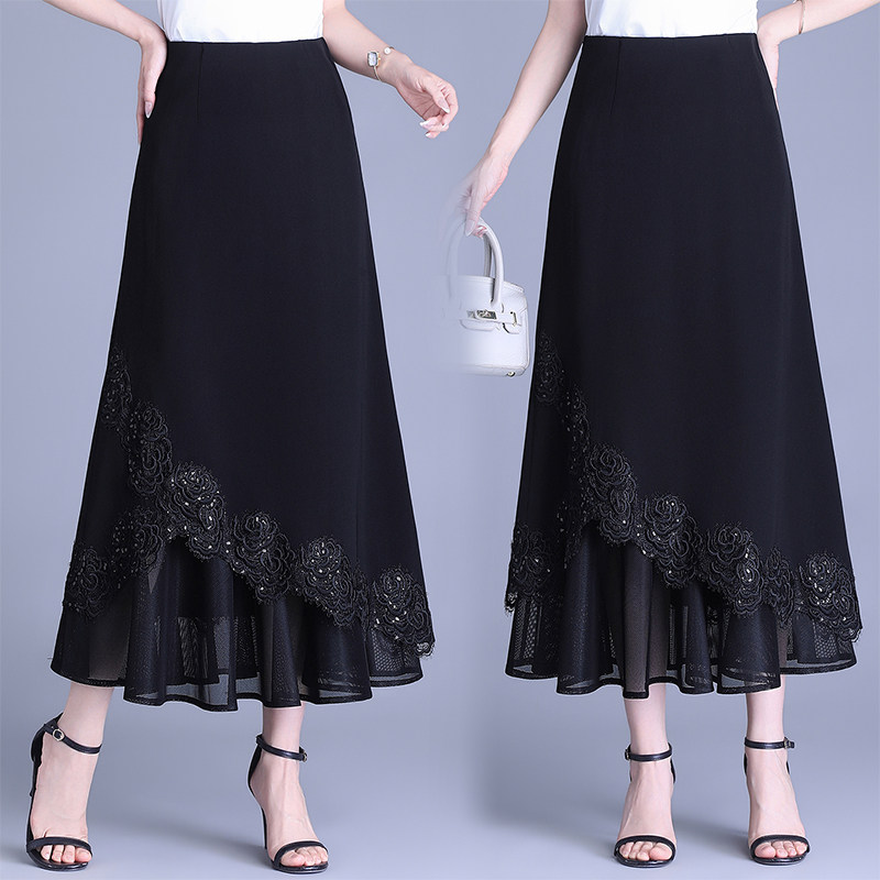 黑色蕾丝拼接鱼尾裙半身裙女春夏新款高腰包臀裙中长款百搭一步裙