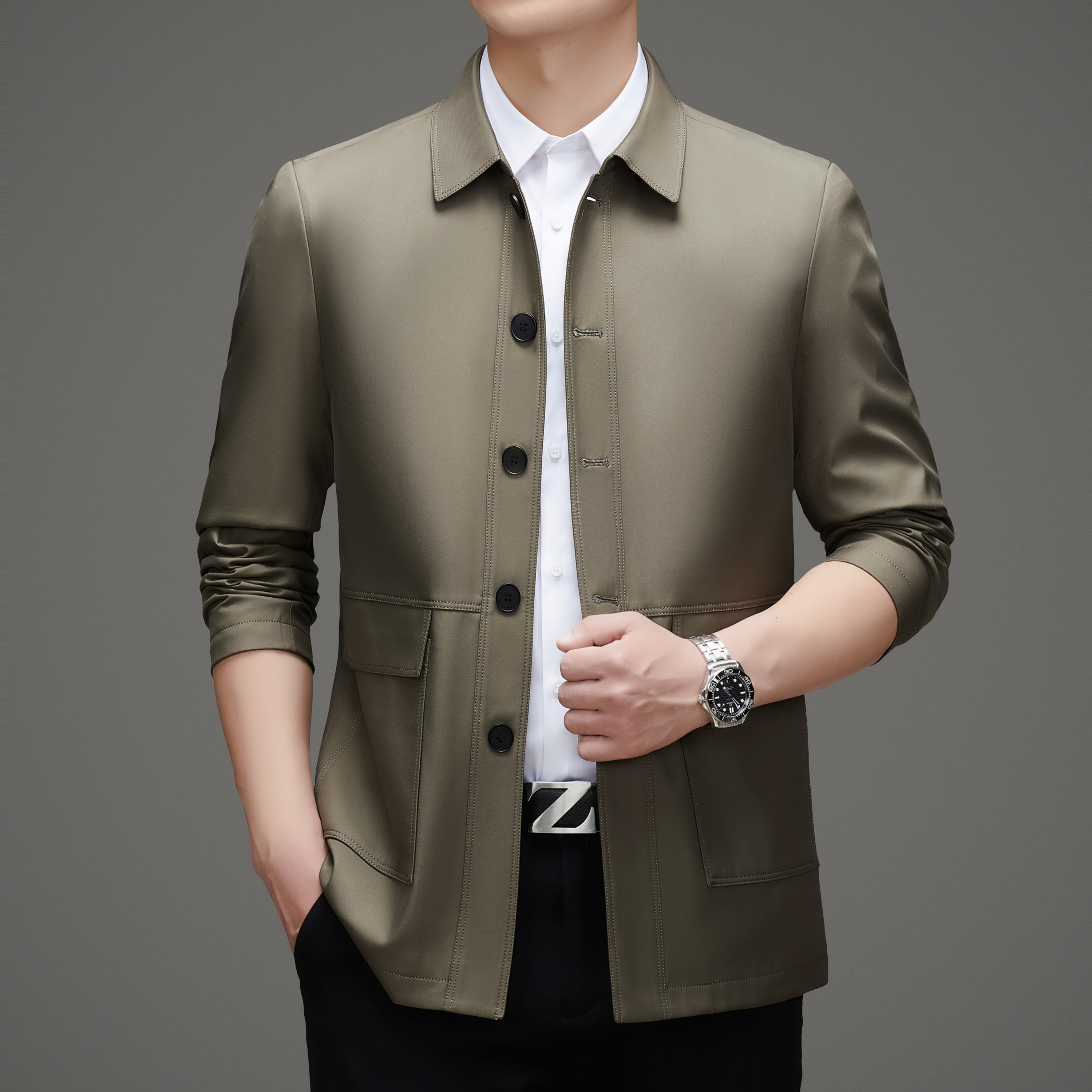 鄂尔多斯市商务休闲翻领夹克男春秋季外套单排扣行政中款风衣薄26