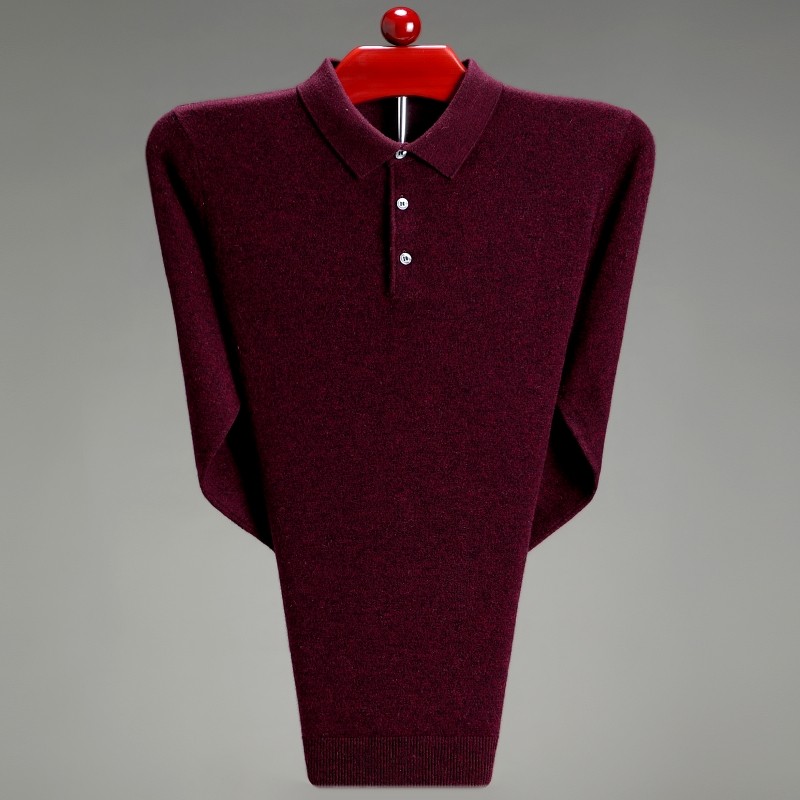 高档鄂尔多斯市男翻领羊绒衫POLO衫中年爸爸装长袖羊毛针织打底衫