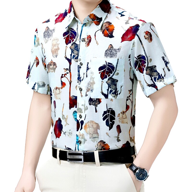 高端鄂尔多斯市休闲风短袖印花色衬衫宽松度假风夏季男装衬衣潮流