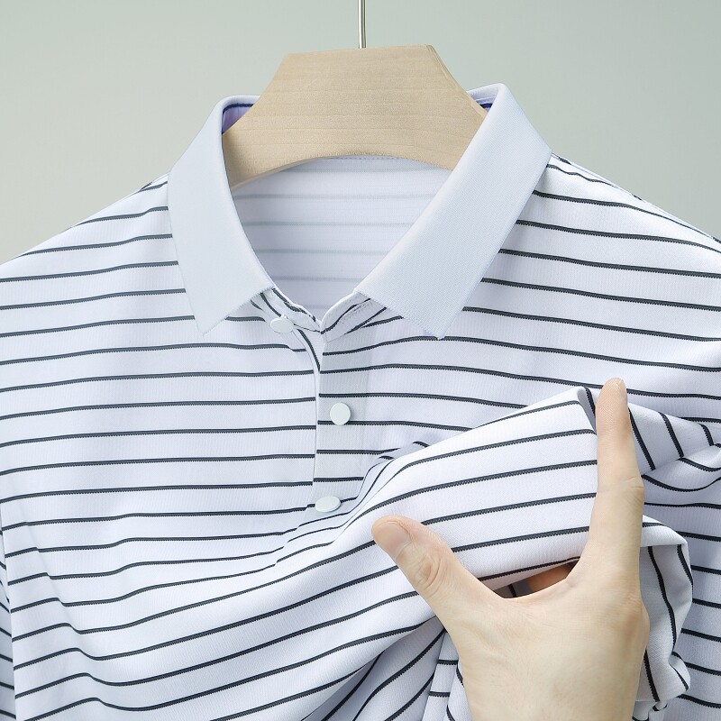 高品质鄂尔多斯市男士高端条纹长袖春秋POLO衫商务休闲桑蚕丝T恤