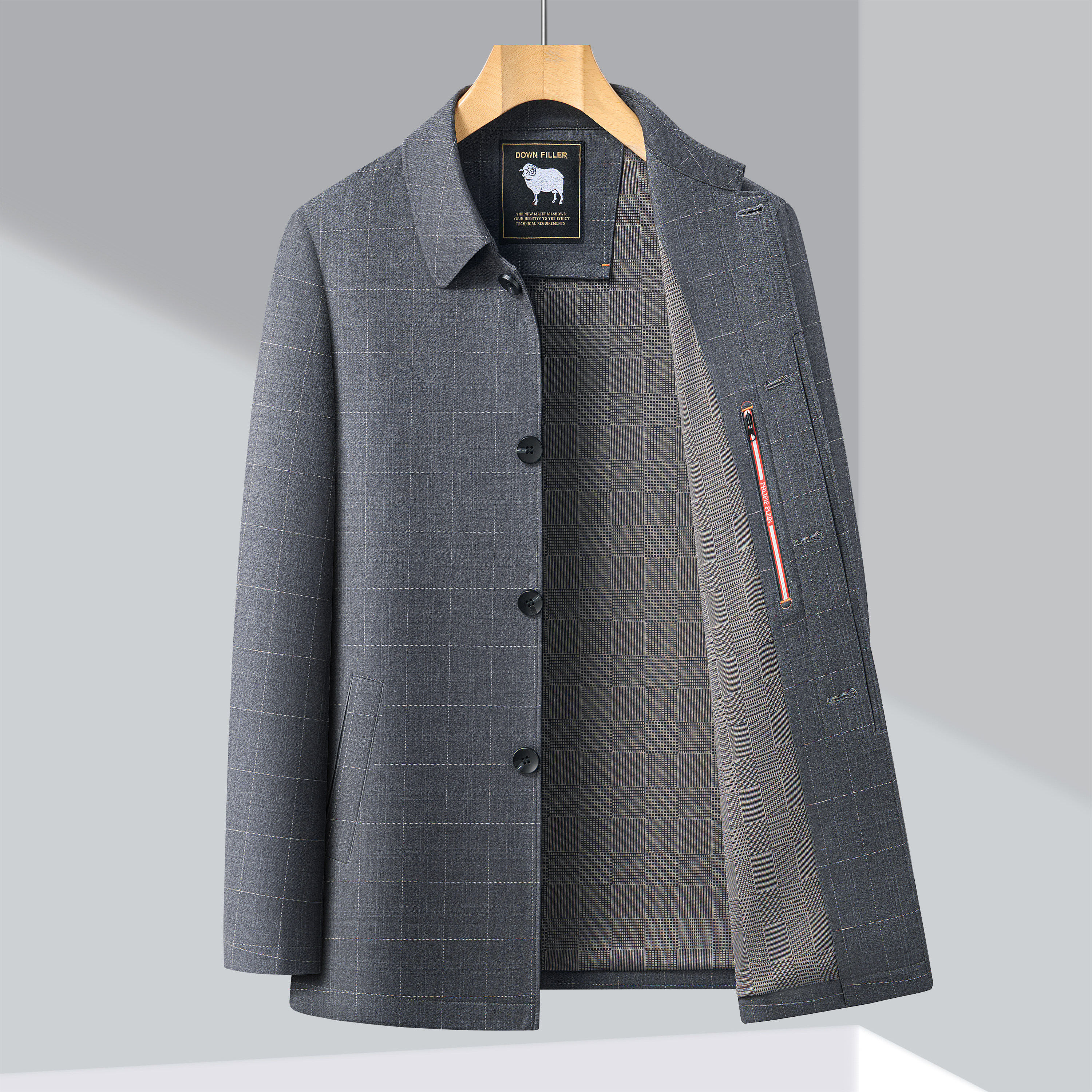 商场同款鄂尔多斯市休闲翻领夹克男春秋格子中老年爸爸装纽扣外套