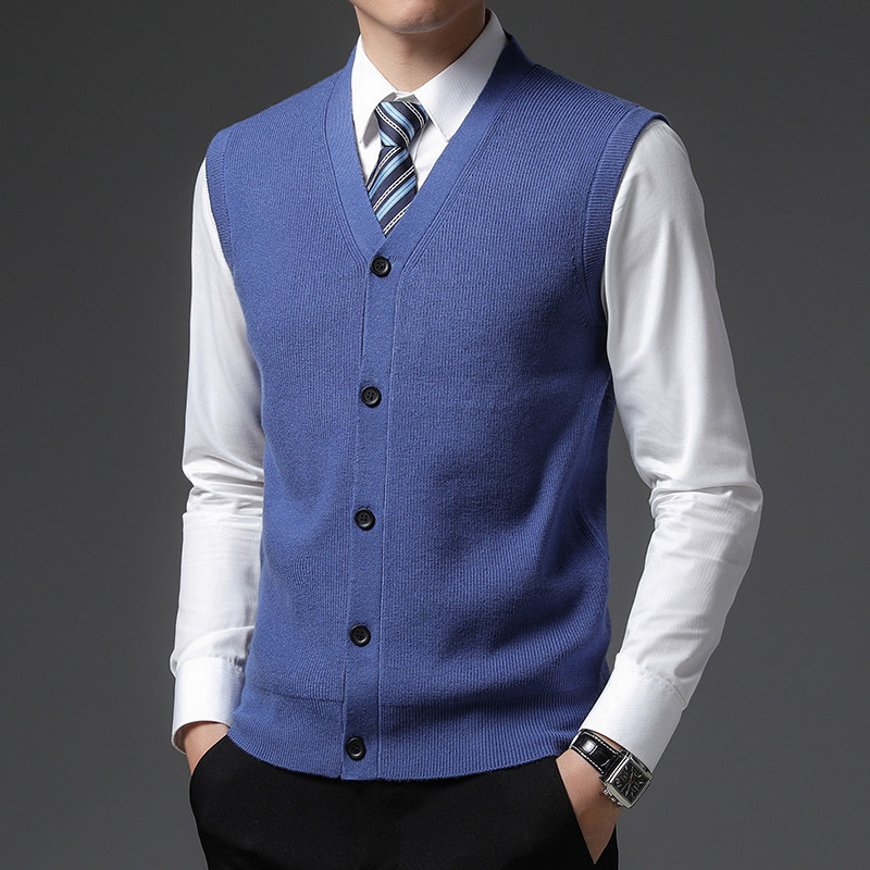 高级感鄂尔多斯市行政商务风V领羊毛针织开衫背心男春秋无袖马甲