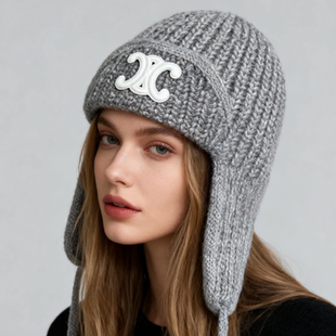 2025新款秋冬凯旋门针织帽女保暖护耳毛线帽百搭飞行雷锋帽子男