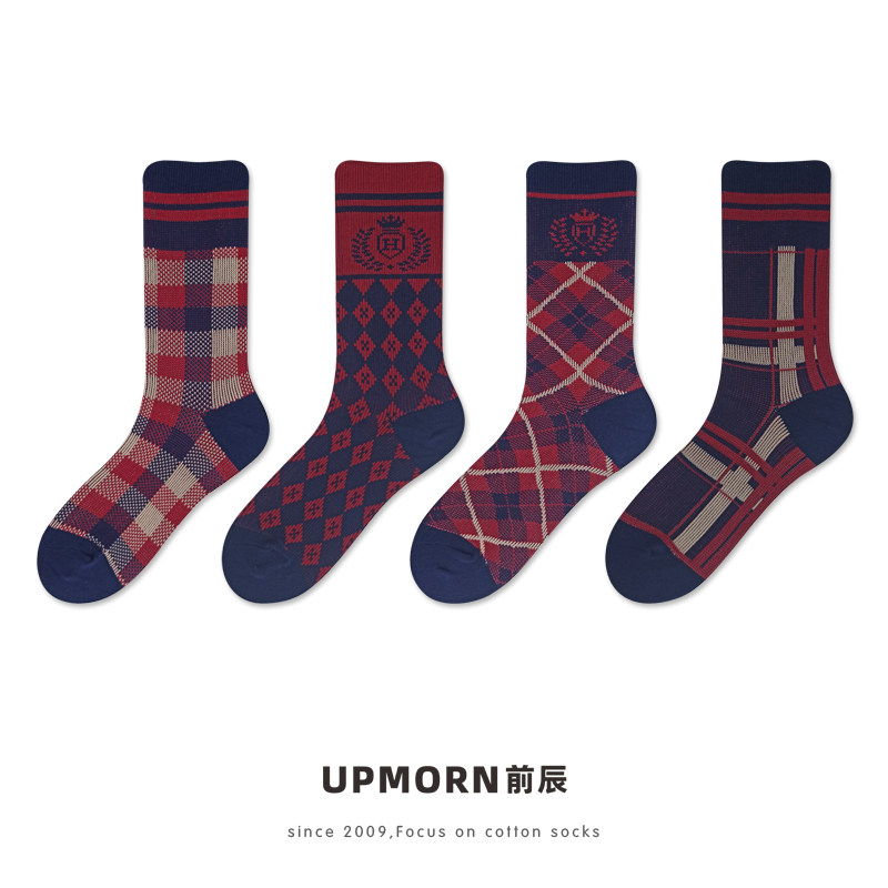 复古英伦风暗红色格子女袜秋冬纯棉中筒新年圣诞皮鞋袜菱形格靴袜
