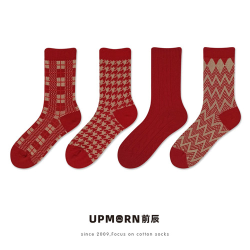 红色新年条纹格子礼盒棉女中筒袜