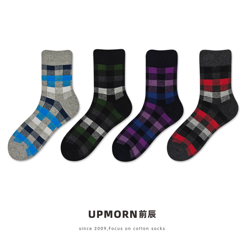 休闲商务格子男袜秋冬厚英伦风纯棉袜子男彩色格纹中筒复古潮长袜