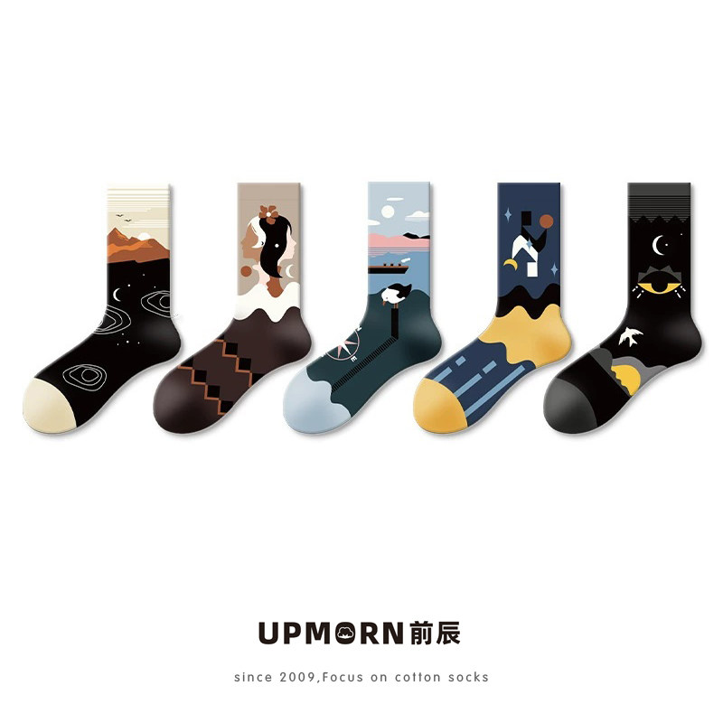 UPMORN前辰无骨高端中筒袜子女彩色卡通拼色潮秋季纯棉礼盒装女袜