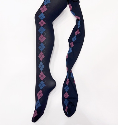 日本制菱形格彩色格纹 侧面花纹拼接提花80D天鹅绒连裤袜