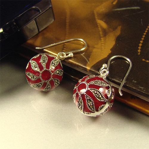 赤舞花翎-925纯银复古个性球形红色小众特色耳环手工镶嵌马克赛石