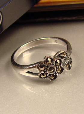纯银复古风花朵百搭镶嵌戒指