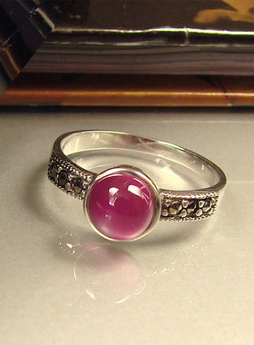 点入玫红925银复古款-玫红色戒指