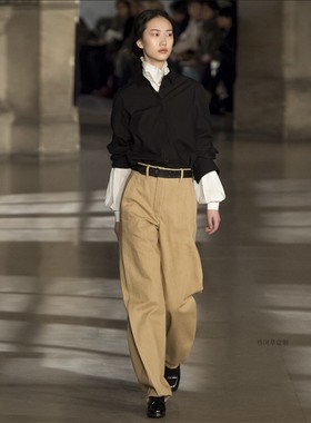 格闵草定制秋冬新款全棉裤子Lemaire 同款高腰扭缝阔腿休闲长裤女