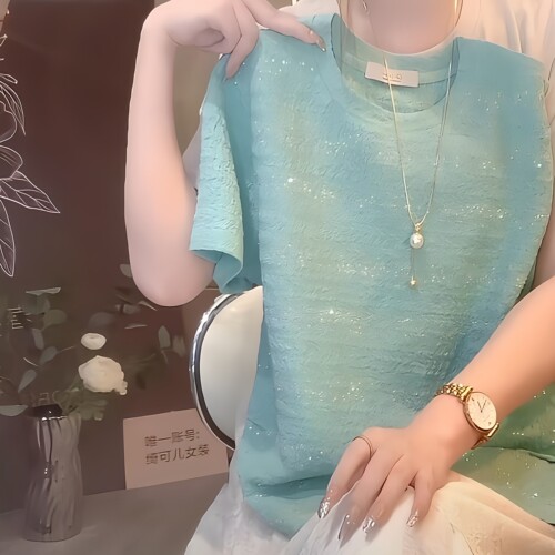 夏季新款胖mm宽松巨显瘦上衣大码女装高级感细闪圆领正肩短袖t恤