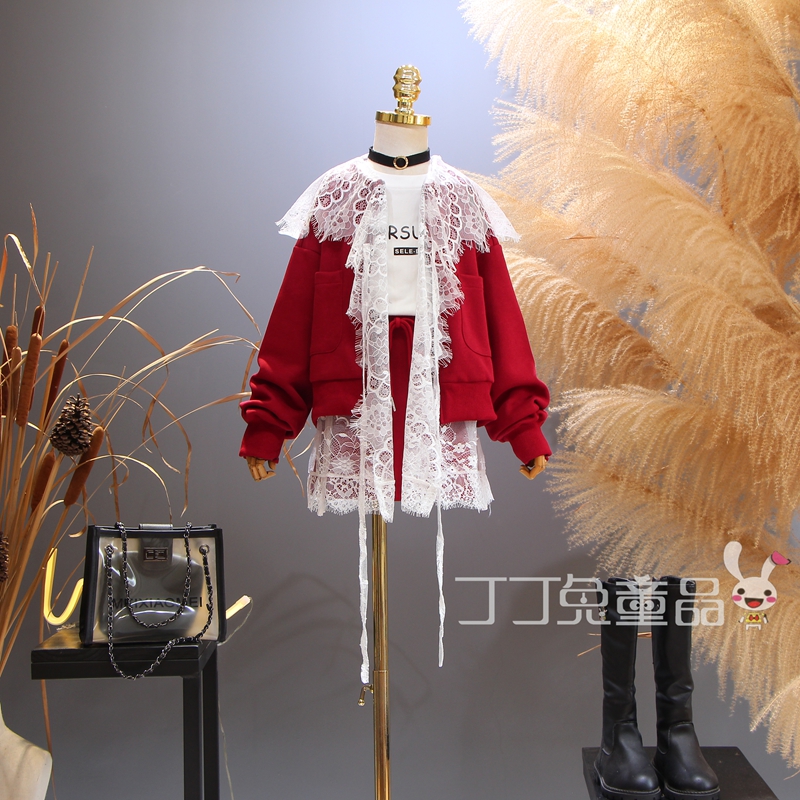欧美女童装春秋季蕾丝开衫外套裙裤套装韩版大童洋气公主甜美时尚
