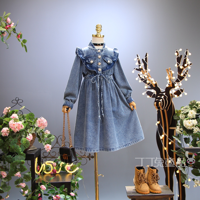 欧美女童装春秋季时尚复古收腰牛仔裙韩版女孩休闲洋气公主连衣裙