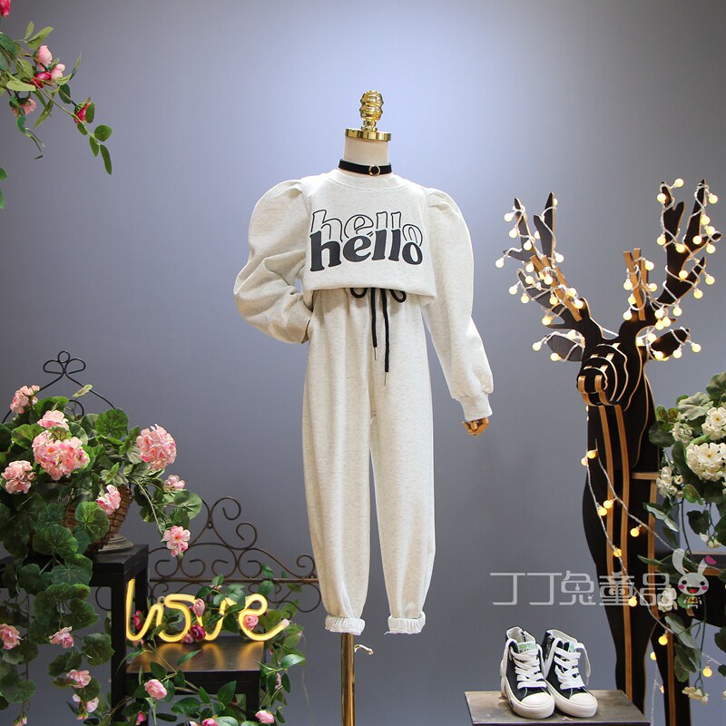 欧美女童装春秋季泡泡袖卫衣运动裤套装韩版女孩时尚洋气新品实拍