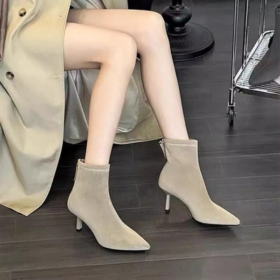 法式细高跟尖头弹力袜靴2025秋冬新款加绒瘦瘦靴短靴女后拉链裸靴