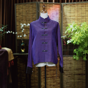 开衫 龟纹老料100桑蚕丝香云纱龟裂纹挽袖 显瘦真丝外套女 紫龟