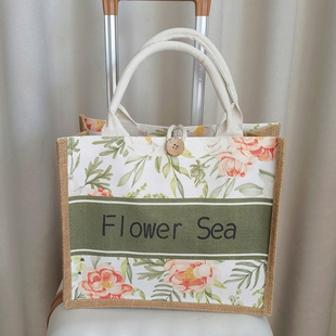 外单尾货福利款~黄麻拼接帆布手提包~菜篮子休闲野餐零食袋饭盒包