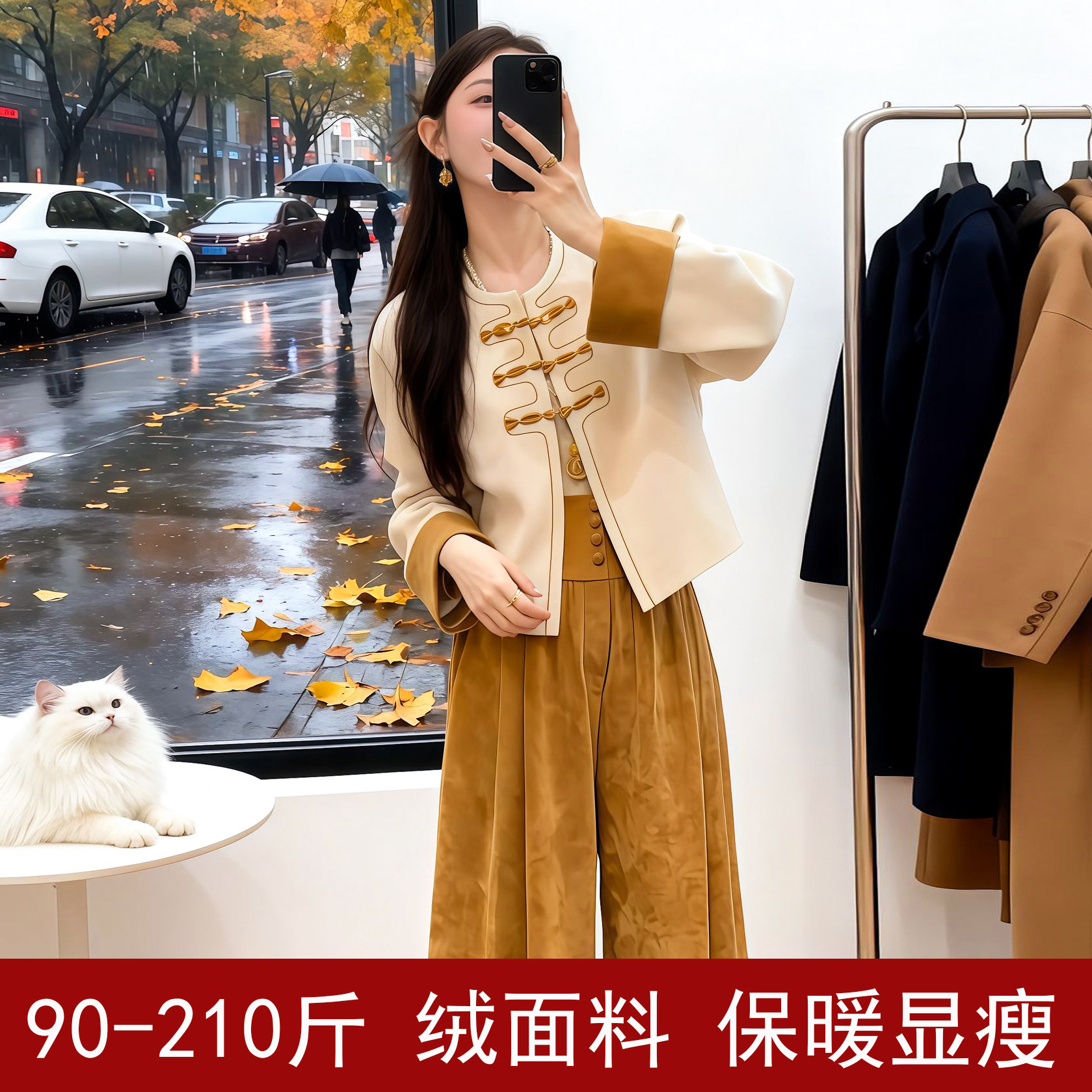 新中式大码套装女胖mm冬高级感两件套上衣外套加厚裤子秋季200斤