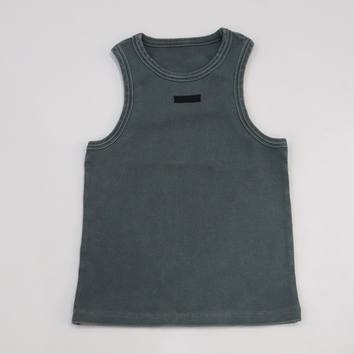 客供尾料~重工成衣染色水洗做旧毛边背心罗纹平纹针织上衣