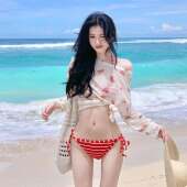 大渔 红色条纹甜妹比基尼罩衫 三件套小胸性感分体温泉度假泳衣女