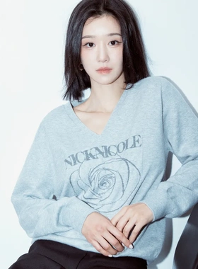 韩国设计师品牌NICKNICOLE新款玫瑰花字母V领针织衫徐睿知同款