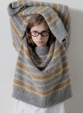 韩国正品直邮Ma'r'ronedition25秋冬圆领羊驼条纹毛衣