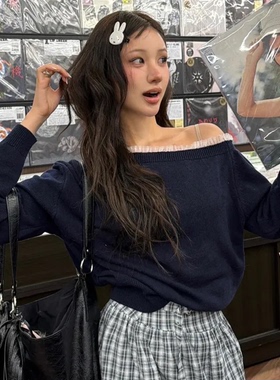 韩国正品直邮26春款LETTER -FROM- MOON花边领斜肩针织衫