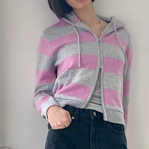 韩国正品直邮HAAG25秋冬新品条纹拉链针织连帽开衫