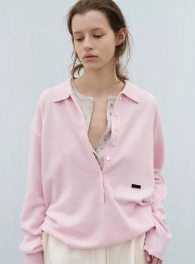 韩国正品直邮FOETO慵懒风休闲翻领纽扣针织衫女宽松套头衫