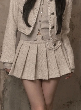 韩国设计师品牌KHAKIPOINT25秋冬新品小香风百褶裙半裙