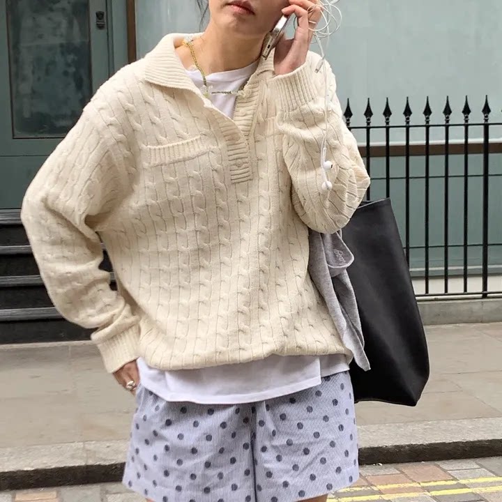 韩国正品直邮HAAG设计师品牌慵懒风麻花V领毛衣宽松针织衫高级感