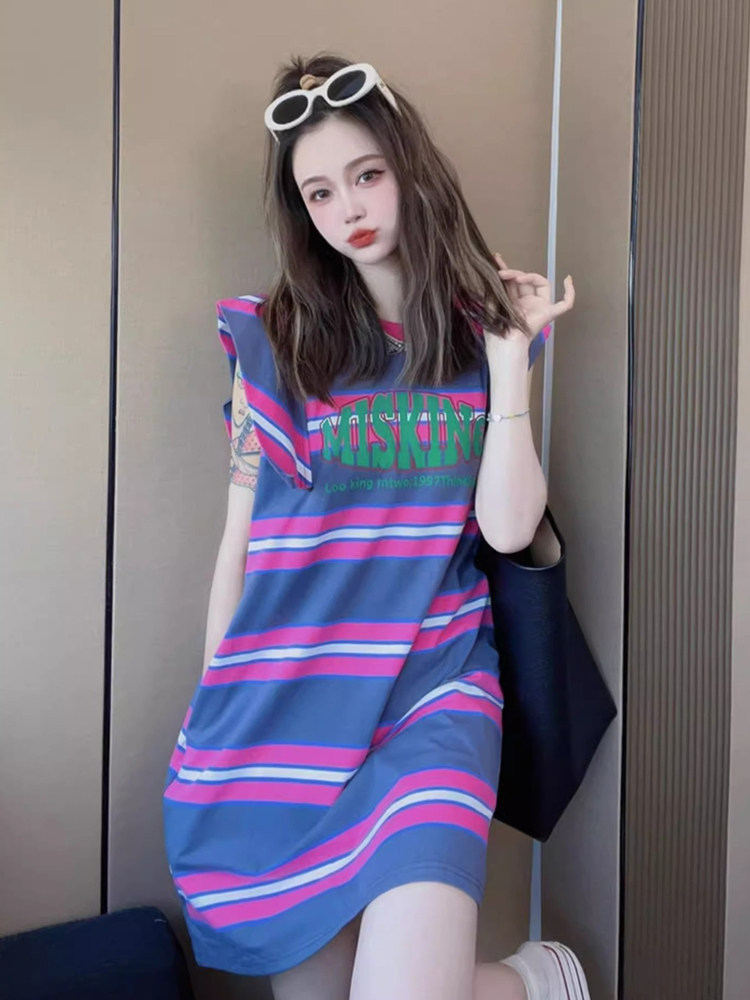 欧货纯棉中长款t恤裙女夏2025韩版新宽松条纹t恤无袖背心连衣裙子