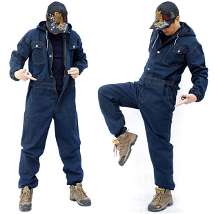 加厚带帽连体工作服牛仔套装男汽修劳保工装防尘电焊机修宽松大码