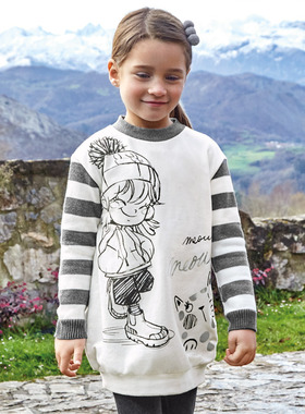 现货西班牙mayoral麦悠女中童秋冬装女孩猫咪针织拼接卫衣连衣裙