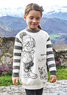 现货西班牙mayoral麦悠女中童秋冬装女孩猫咪针织拼接卫衣连衣裙