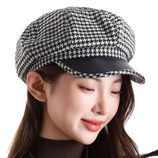 韩版千鸟格帽子女春秋天八角帽百搭时尚贝雷帽冬季保暖英伦画家帽
