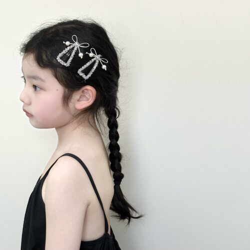 洋气银珠子三角bb夹女童 韩版蝴蝶结边夹刘海夹 儿童时尚发夹碎发