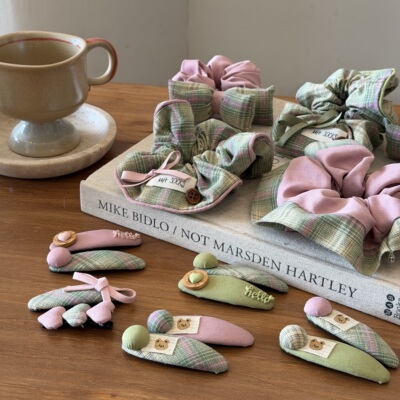 粉绿大肠圈儿童 蝴蝶结格纹大号发圈女童 宝宝bb夹边夹刘海夹发夹